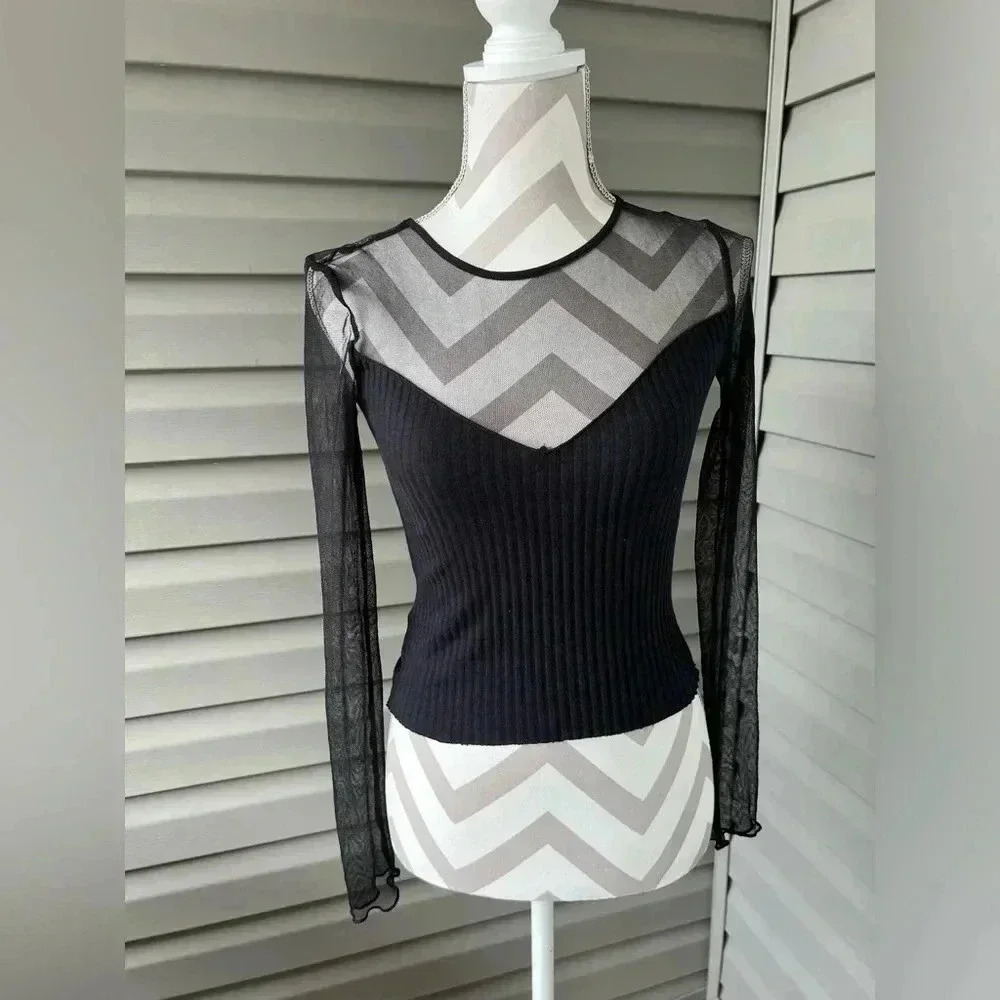 Zara BLACK MESH CONTRAST RIBBED MOCK NECK TOP Sz S
